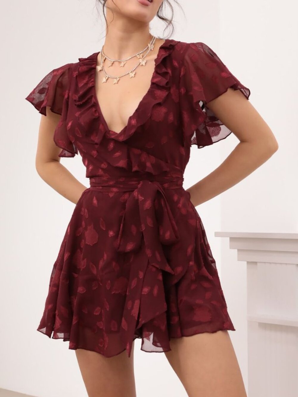 Lucy In The Sky Merlot Wrap Mini Floral Ruffle Dress Size Medium